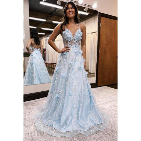 Robe de bal élégante et luxueuse à bretelles spaghetti et col en V avec appliques