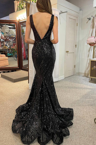 Robe de bal longue sirène noire à sequins, décolleté plongeant en V et dos nu
