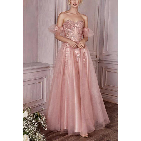 Vestido de fiesta largo de tul fruncido con apliques florales, sin tirantes y escote en forma de A