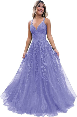 Floral Lace Glitter Tulle Prom Dress Long Ball Gown V Neck Formal Evening Dress Maxi Party Gown
