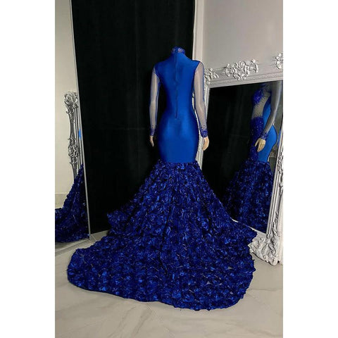 Vestido de fiesta de tul con mangas largas, cuello alto, lentejuelas y cuentas, corte trompeta/sirena