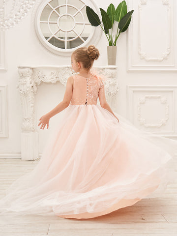 Ball-Gown/Princess Tulle Sweep Train Pink Flower Girl Dress