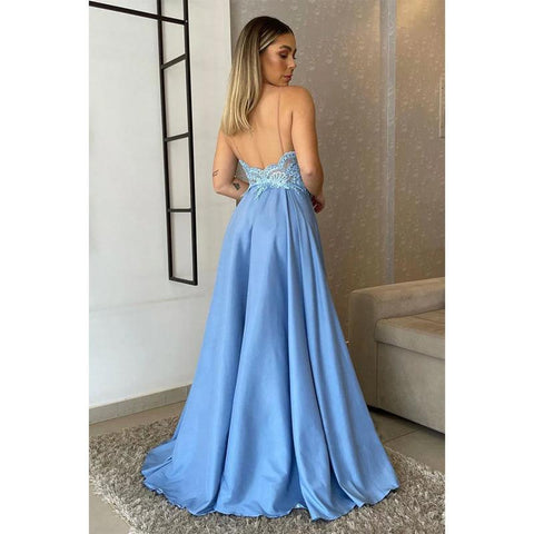 Vestido de noche formal largo con apliques de encaje y tirantes finos para mujer 