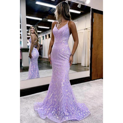Vestido de fiesta de noche con lentejuelas, escote en V y tirantes cruzados en morado brillante