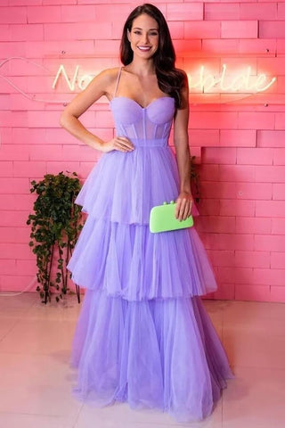 Vestido largo de fiesta de tul con volantes escalonados y corte en A