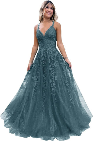Floral Lace Glitter Tulle Prom Dress Long Ball Gown V Neck Formal Evening Dress Maxi Party Gown