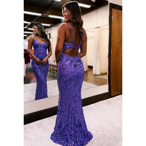 Vestido de noche para fiesta de graduación, sexy y brillante, con tirantes finos, escote en V, espalda descubierta y lentejuelas