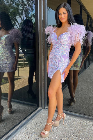 Stylish Sheath Fuchsia/Lilac Short Homecoming Dress with Feather