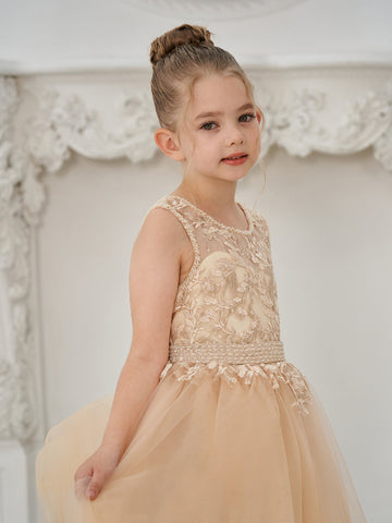 Ball-Gown/Princess Tulle Sweep Train Champagne Flower Girl Dress