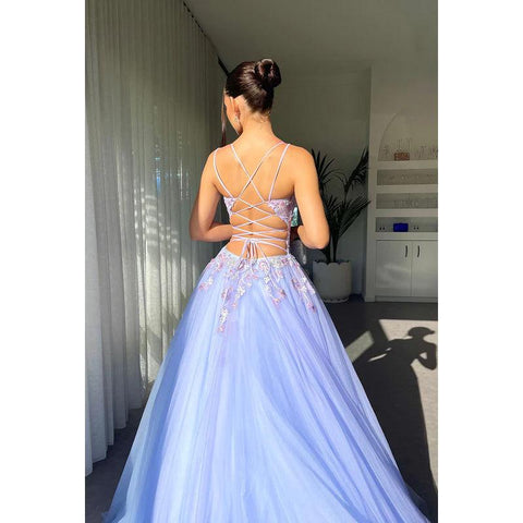 Robe de bal longue trapèze à bretelles spaghetti et col en V avec appliques