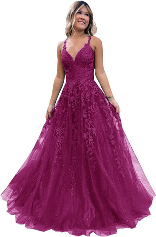 Floral Lace Glitter Tulle Prom Dress Long Ball Gown V Neck Formal Evening Dress Maxi Party Gown