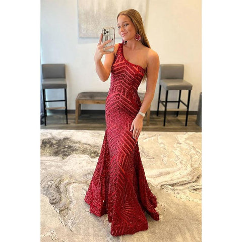 Robe de bal bordeaux unique à une épaule et paillettes 