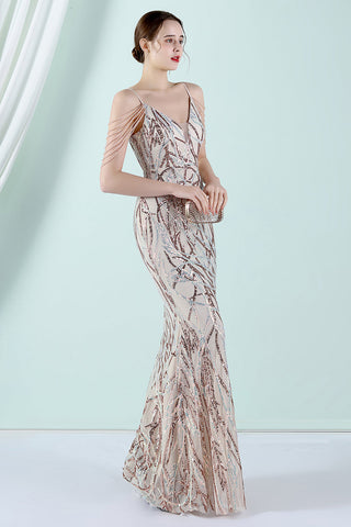 Golden Spaghetti Straps Prom Dress