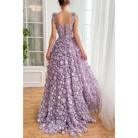 Robe de soirée trapèze en tulle à fleurs appliquées et fente latérale 