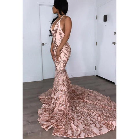 Robe de soirée longue sirène en satin à paillettes, col en V, dos nu, à paillettes