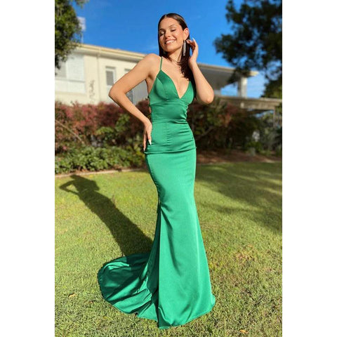 Vestido de noche de satén con escote en V, sin mangas, con cordones y corte trompeta/sirena