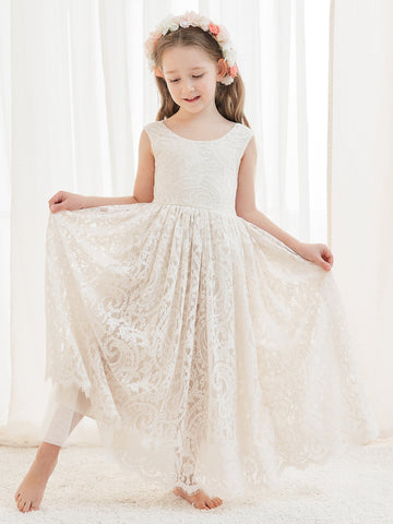 A-line Lace Ankle-length Ivory Boho Flower Girl Dress