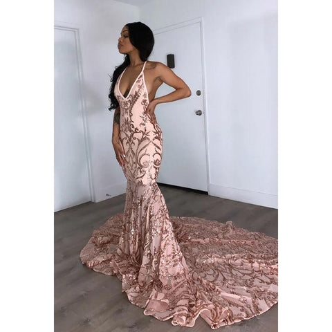 Robe de soirée longue sirène en satin à paillettes, col en V, dos nu, à paillettes