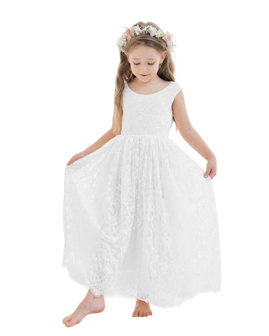 A-line Lace Ankle-length Ivory Boho Flower Girl Dress