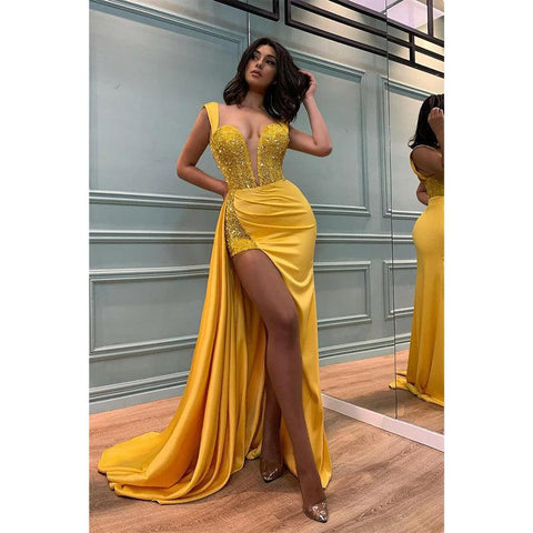 Vestido de fiesta de sirena amarillo con escote en V profundo y abertura, sexy 