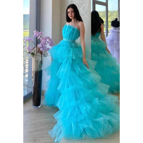 Vestido de fiesta de tul con cordones, corte A, sin tirantes, alto bajo