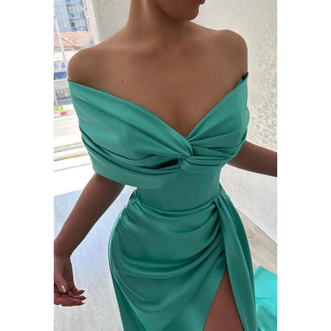 Robe de soirée longue en satin froncé, col en V, épaules dénudées, sans manches 