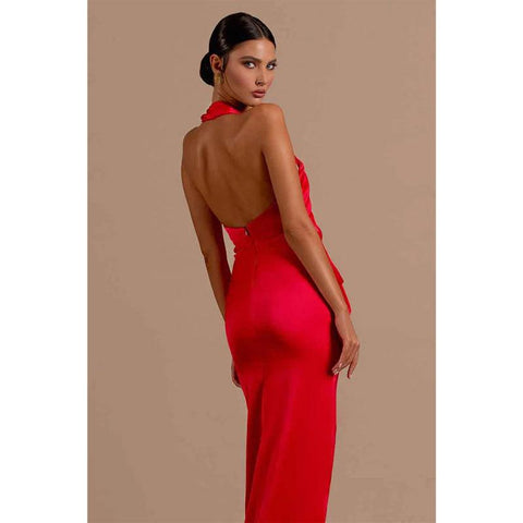 Vestido de fiesta formal largo rojo con escote en V, pliegues y abertura alta 