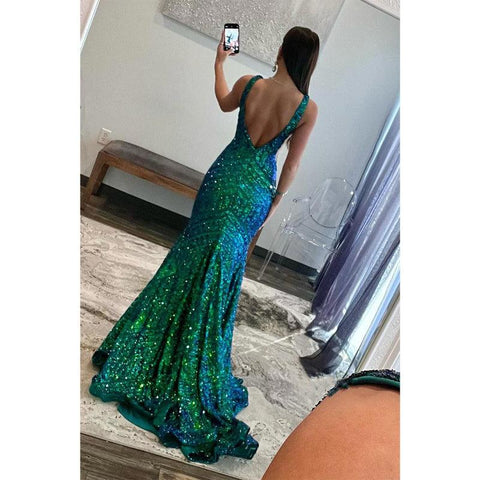 Vestido de noche formal largo verde con lentejuelas y escote en V de corte trompeta/sirena 