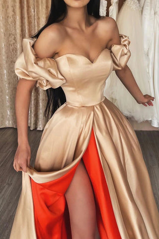 A Line Off the Shoulder Champagne Long Prom Dress with Split Front
