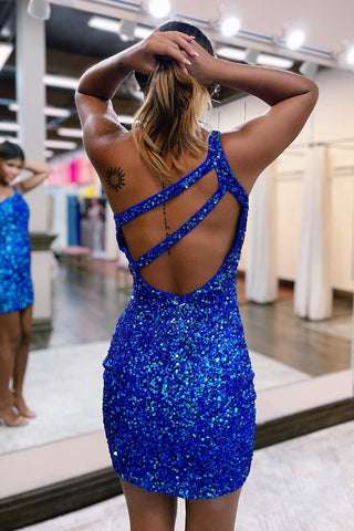 Vestido corto de fiesta azul marino con lentejuelas brillantes, un solo hombro y escote en forma de ojo de cerradura.