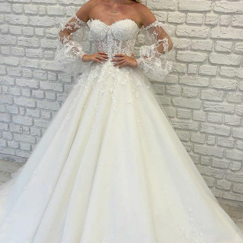 Sweetheart Tulle Wedding Dresses Off Shoulder Lace Up Appliqued Beaded Vestido De Noiva 2022 Puffed sleeves Lace Bridal Dress