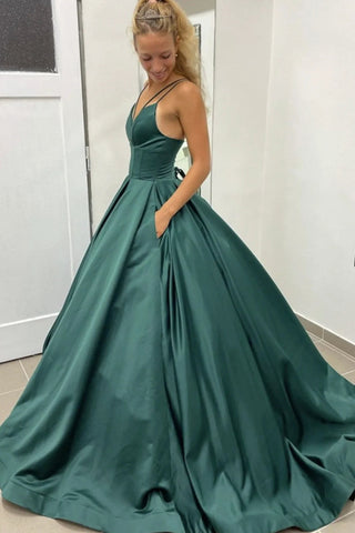 A Line Spaghetti Straps Dark Green Prom Dress with Sweep Train