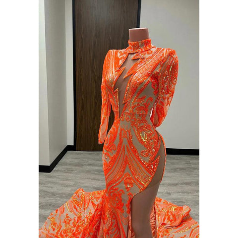 Vestido formal de noche para graduación, corte tubo, cuello alto, lentejuelas, abertura, mangas largas