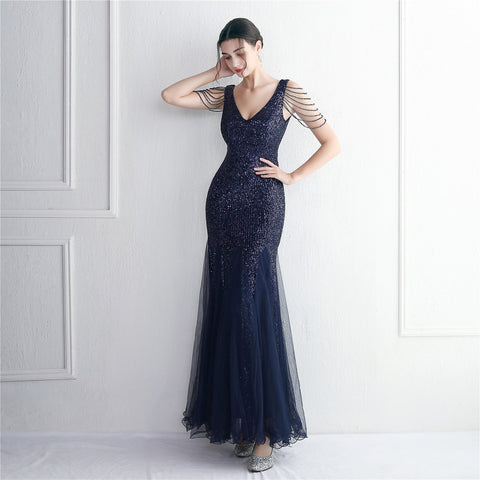 Sequin Mesh Craft Beaded Party Dress: Elegant Long Cocktail Slim Fit Evening Dress