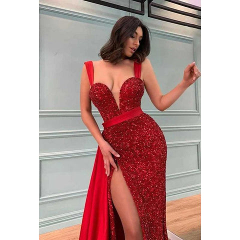 Vestido de fiesta largo con escote en V profundo, lentejuelas, abertura en el muslo y cola larga