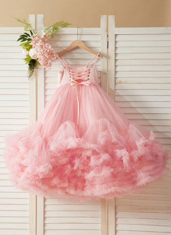 A-line Tulle Floor-length Pink Flower Girl Dress