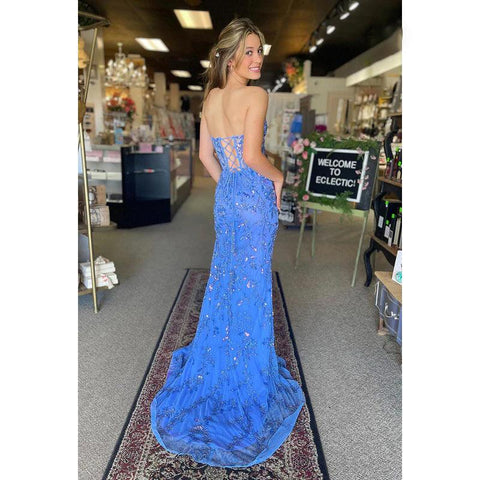 Vestido formal de noche de graduación sin mangas con lentejuelas y hombros descubiertos de corte trompeta/sirena