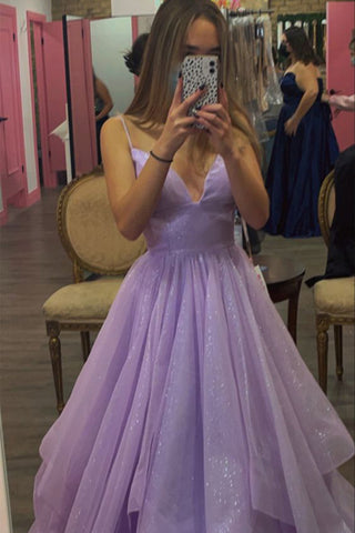 Glitter Lilac Spaghetti Straps Prom Dress