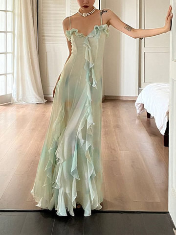 Magnifique robe de bal verte en mousseline à volants superposés et bretelles, référence Y7897