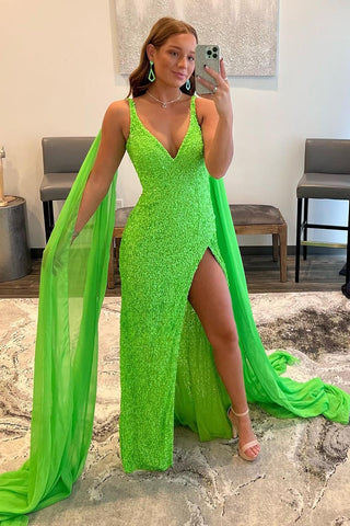 Watteau Train Sequins Long Prom Dress