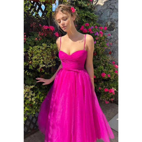 Vestido de fiesta vintage con tirantes finos, tul plisado, largo hasta la rodilla, dulce 