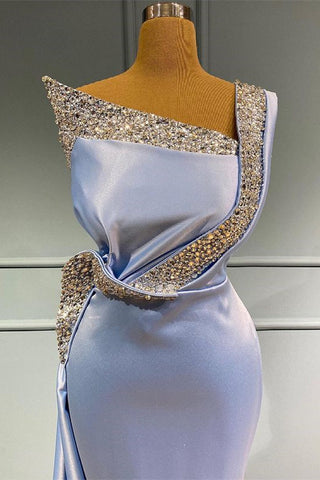 Long Mermaid One Shoulder Sleeveless Satin Beads Prom Dress With Ruffles