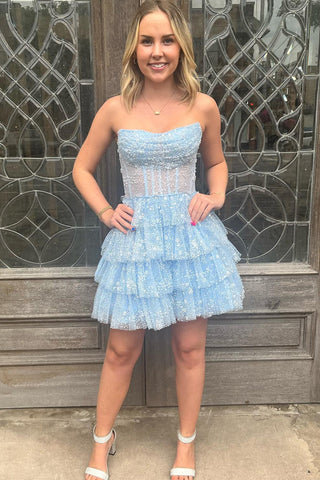 Lindo vestido de fiesta de bienvenida sin tirantes, corte en A, con corsé y volantes