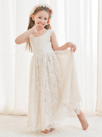 A-line Lace Ankle-length Ivory Boho Flower Girl Dress