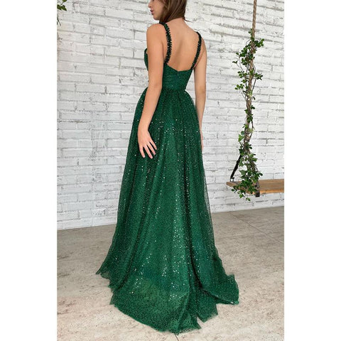 Robe de bal longue verte scintillante à bretelles spaghetti et paillettes avec poches pour femme 