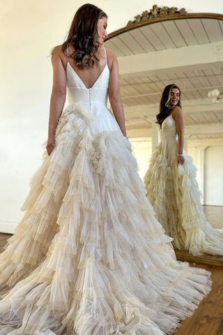 A Line Spaghetti Straps Pink Long Prom Dress with Ruffles