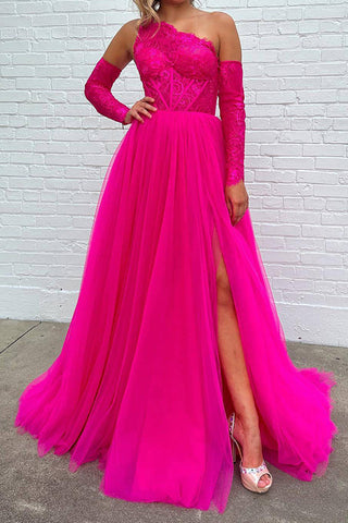 A Line One Shoulder Fuchsia Corset Prom Dress with Split Front