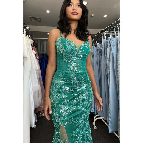 Vestido de fiesta largo con escote en V, tirantes finos, encaje, apliques y cuentas