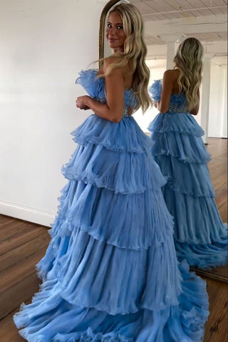 Trendy A Line Strapless Blue Tired Long Prom Dress with Beading