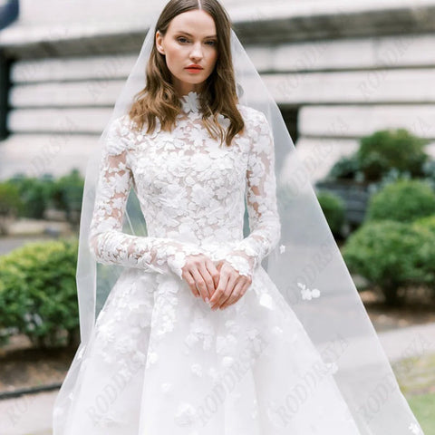 Princess Long Sleeve Wedding Dress For Women Romantic Lace High Neck Bride Party Gorgeous Applique Boho Bridal Gown